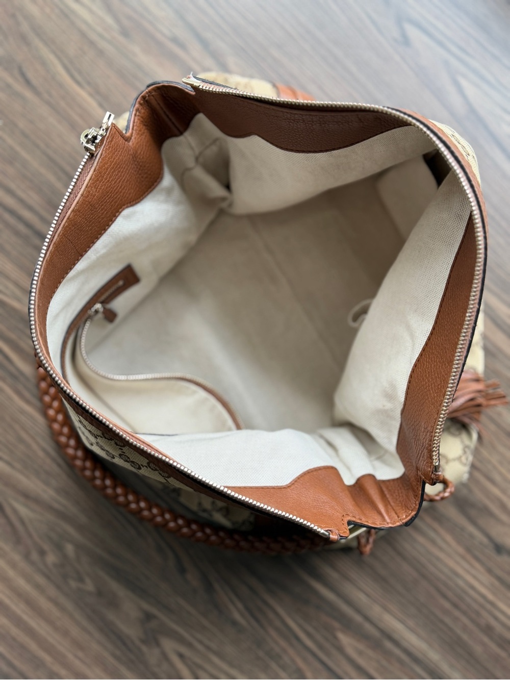 Gucci Beige & Brown GG Canvas Shoulder Hobo with Braided Handle - Picture 14 of 16